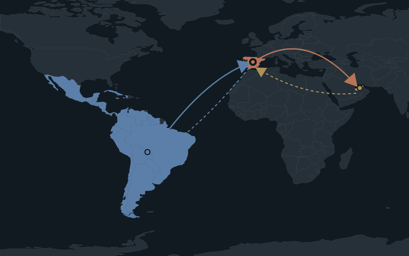 Mapa de conexiones entre España, Latinoamérica y los mercados árabes.